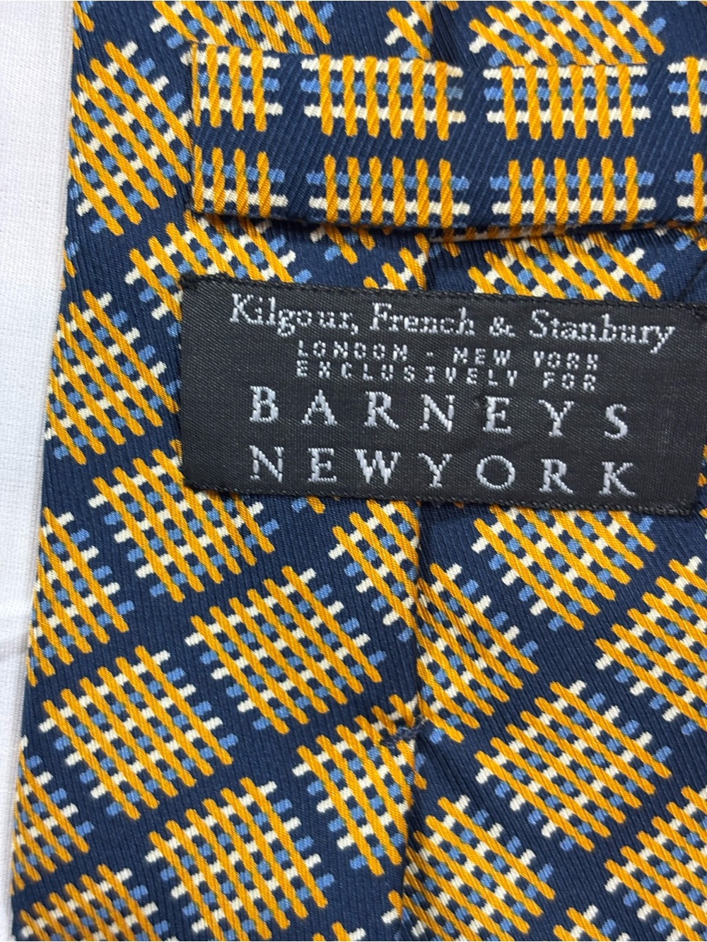 Barneys New York Navy Tie with Yellow Geometric Motif
